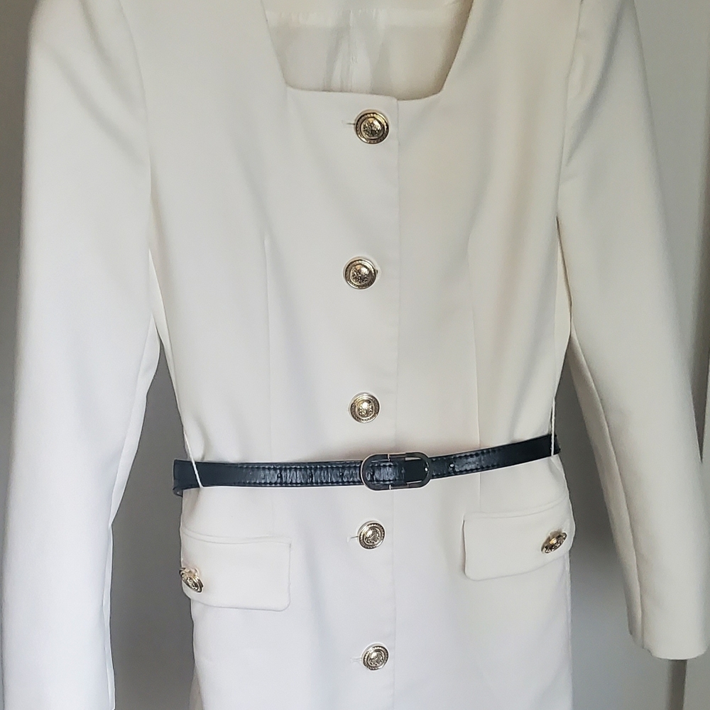 Zara White Blazer with Black Belt and Gold Buttons